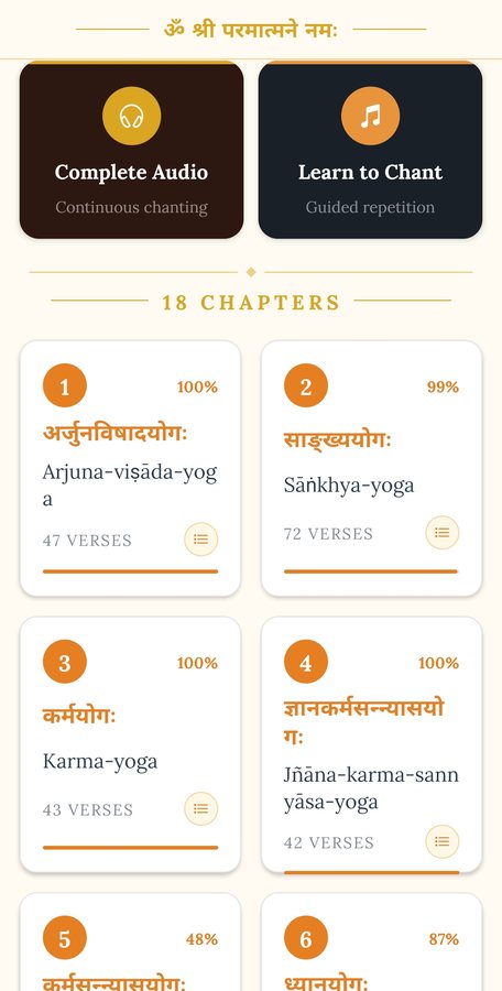 The chapter index: tiles for Complete Audio and Learn to Chant above a grid of the eighteen chapters, each with its Sanskrit name, verse count and reading progress.