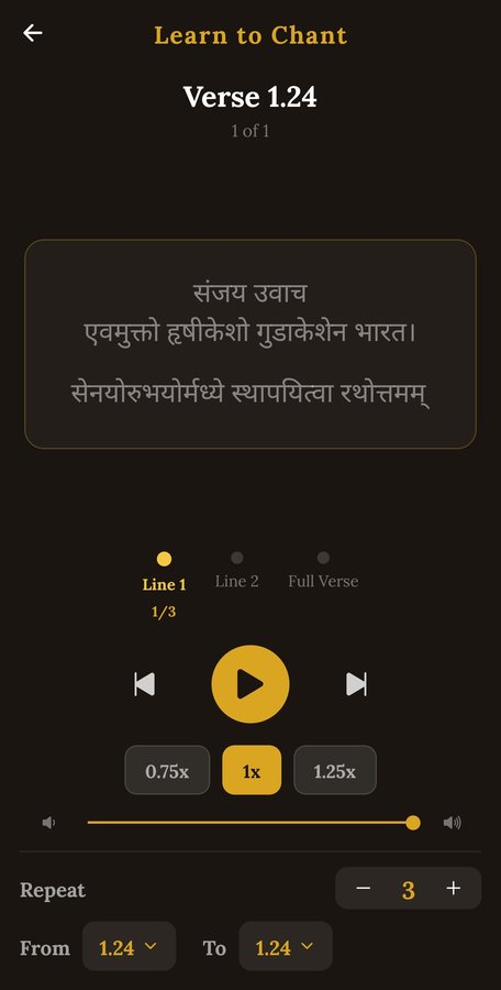 Learn to Chant: verse 1.24 broken into lines for guided repetition, with playback at 0.75, 1 and 1.25 times speed and a repeat counter.