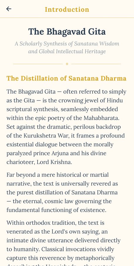 The introduction essay, headed The Bhagavad Gita, a scholarly synthesis of Sanatana wisdom and global intellectual heritage.