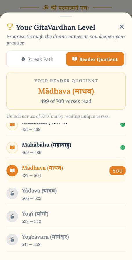 The same panel on its Reader Quotient tab, where names of Krishna unlock by unique verses read, with Madhava marked as the current level.
