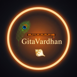 The GitaVardhan app icon: a peacock feather, a flute and a conch inside a lit circle.