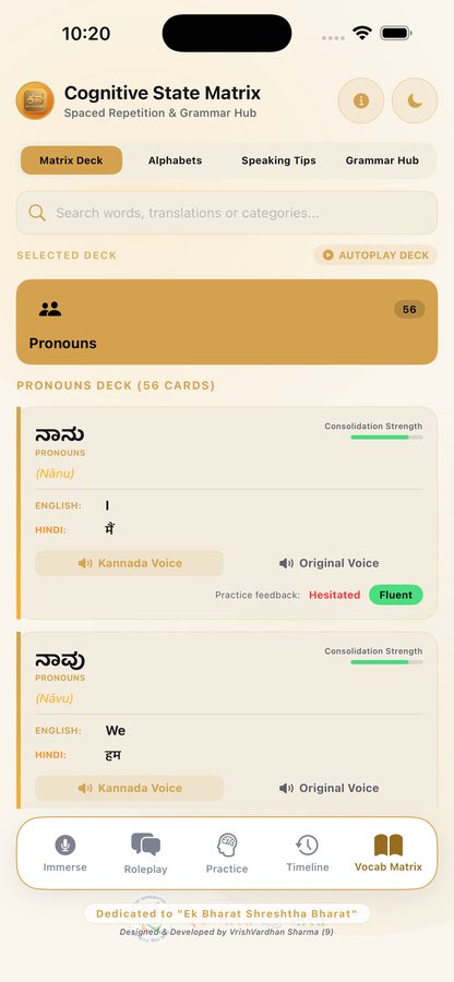 The pronouns deck open at nanu, the Kannada for I, with its English and Hindi equivalents, a consolidation strength bar and hesitated or fluent practice feedback.