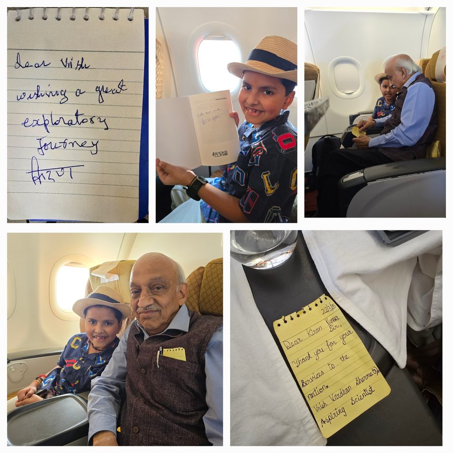 Five photographs: an inscription reading wishing a great exploratory journey, Vrishvardhan Sharma holding the signed book on an aircraft, and seated beside Dr A. S. Kiran Kumar, with the note he wrote in reply.