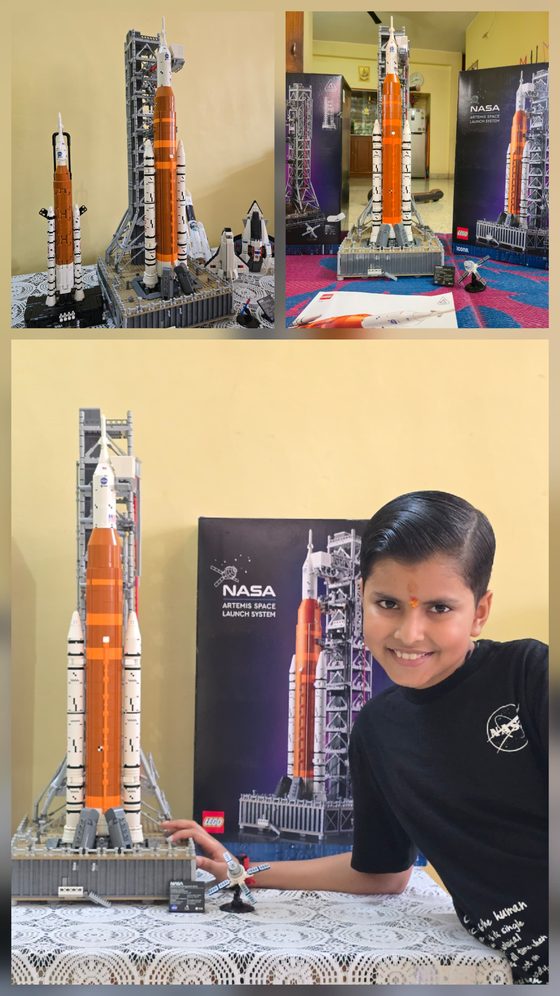The NASA Artemis Space Launch System built from bricks, with its mobile launcher tower.
