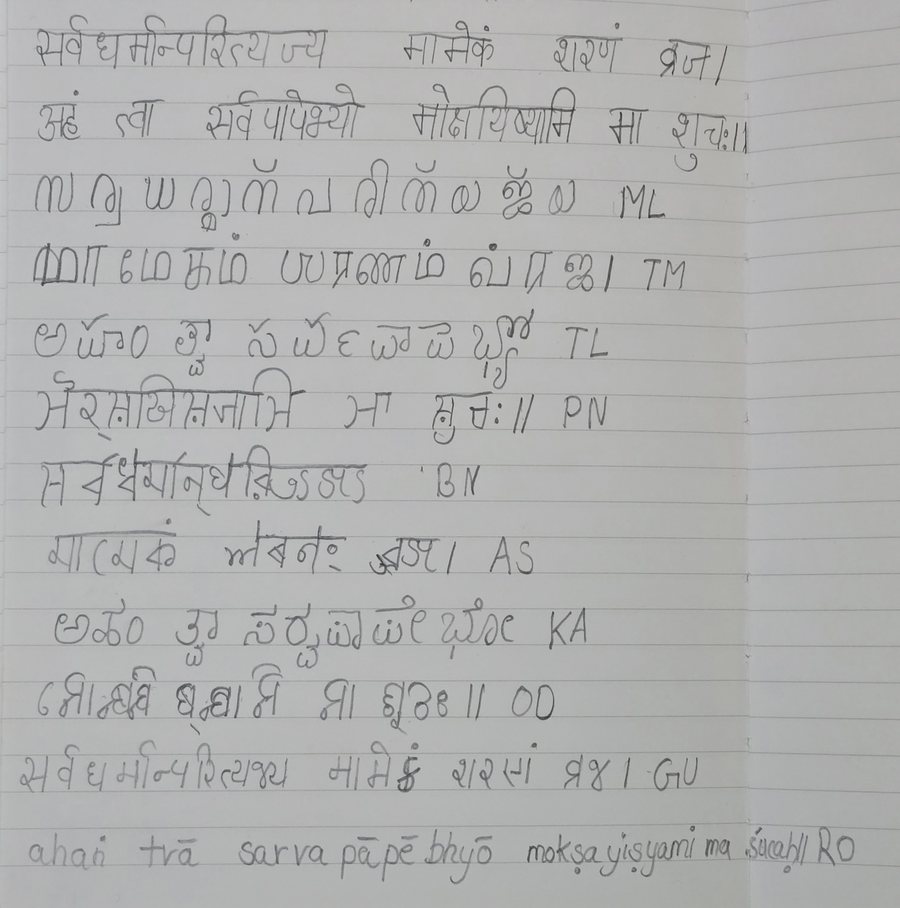 A single sheet carrying Bhagavad Gita 18.66 written out in all eleven scripts one beneath the other, each line marked with a two letter code for its script.